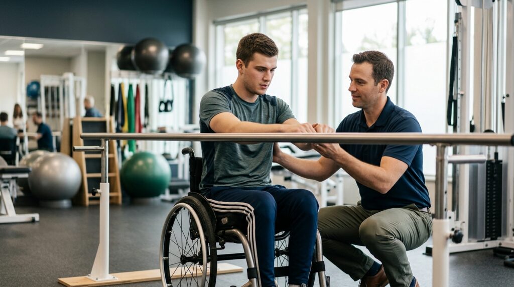 Young adult in a wheelchair working with a physical therapist in a spinal-cord-injury rehabilitation gym.
