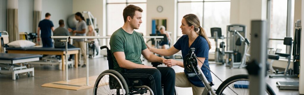 a young adult in a wheelchair in a spinal-cord-injury rehabilitation gym with a physical therapist