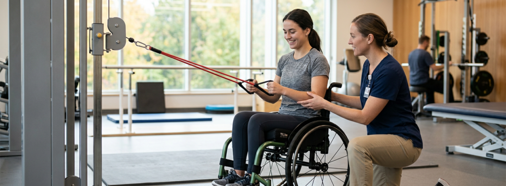 Young adult in a wheelchair working with a physical therapist in a spinal cord injury rehabilitation gym.