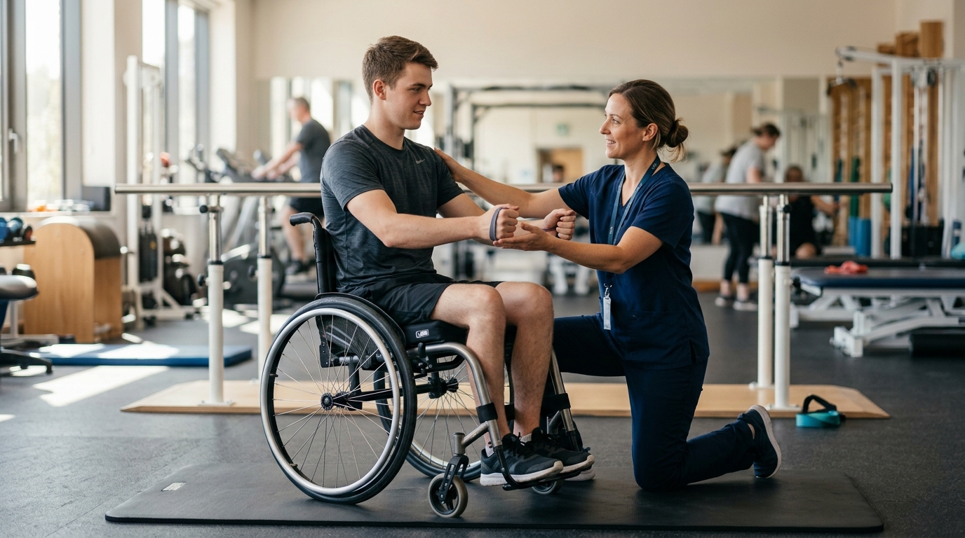 Young adult in a wheelchair working with a physical therapist in a spinal-cord-injury rehabilitation gym.