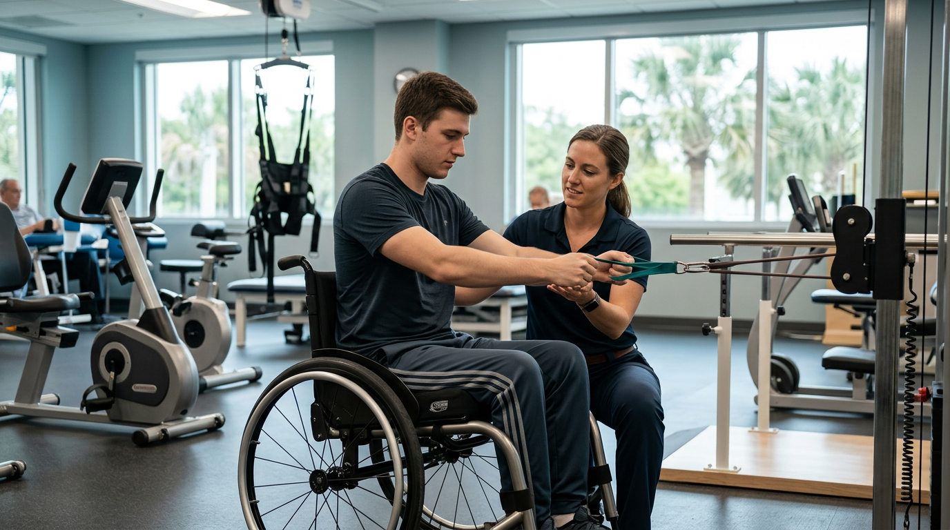 Young adult in a wheelchair working with a physical therapist in a spinal-cord-injury rehabilitation gym.