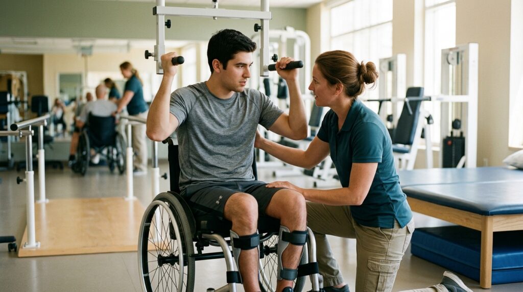 Young adult in a wheelchair working with a physical therapist in a spinal-cord-injury rehabilitation gym.