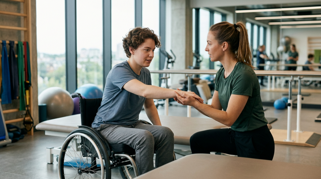 Young adult in a wheelchair working with a physical therapist in a spinal-cord-injury rehabilitation gym.