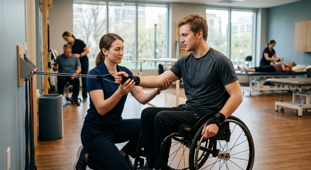 Young adult in a wheelchair working with a physical therapist in a spinal-cord-injury rehabilitation gym.