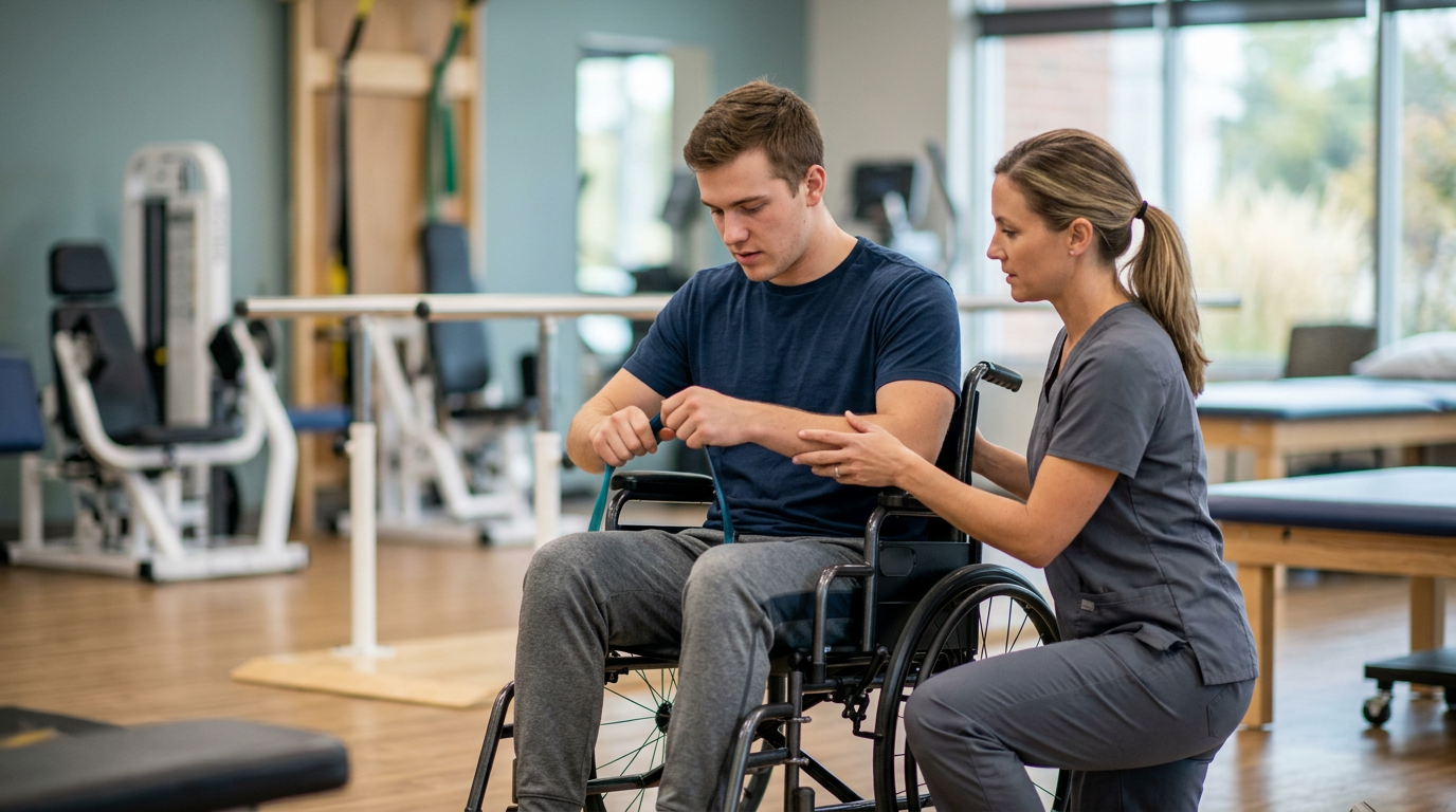Young adult in a wheelchair working with a physical therapist in a spinal-cord-injury rehabilitation gym.