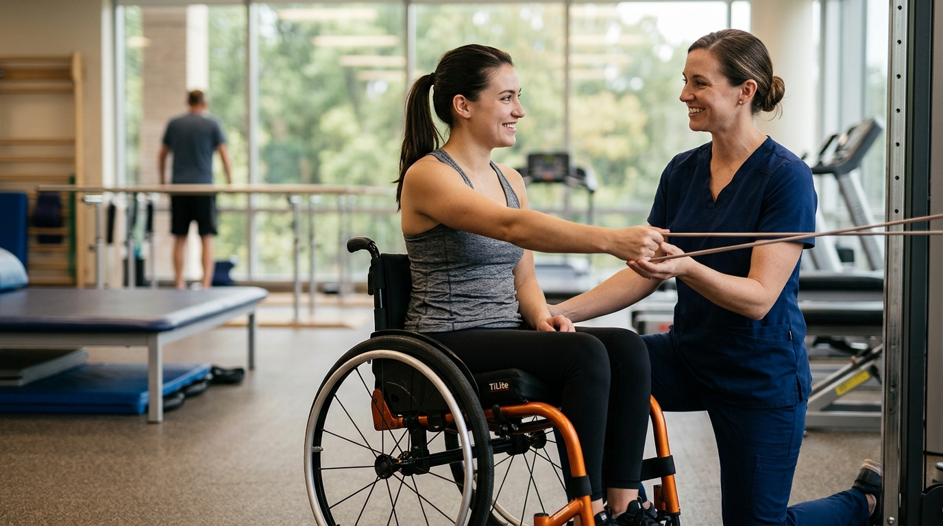 Young adult in a wheelchair working with a physical therapist in a spinal cord injury rehabilitation gym.
