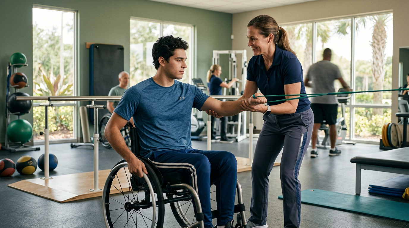 Young adult in a wheelchair working with a physical therapist in a spinal cord injury rehabilitation gym.
