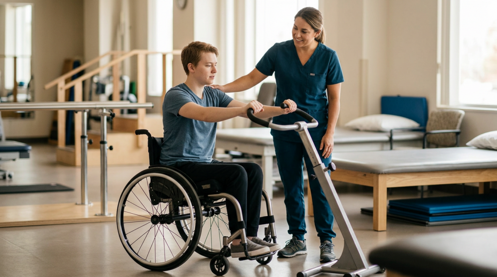 Young adult in a wheelchair working with a physical therapist in a spinal-cord-injury rehabilitation gym.