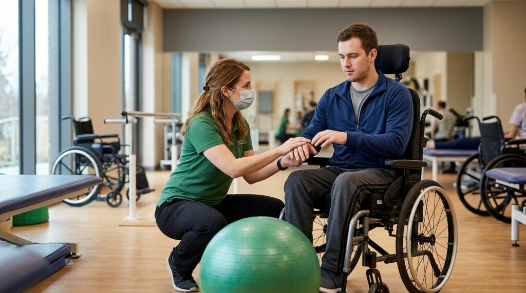 Young adult in a wheelchair working with a physical therapist in a spinal-cord-injury rehabilitation gym.