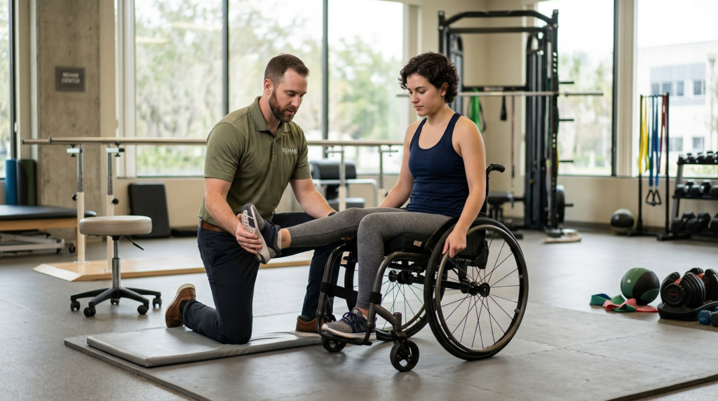 a young adult in a wheelchair in a spinal-cord-injury rehabilitation gym with a physical therapist