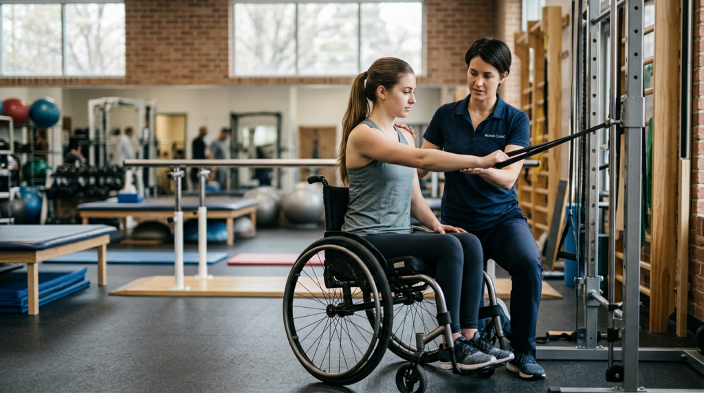Young adult in a wheelchair working with a physical therapist in a spinal-cord-injury rehabilitation gym.