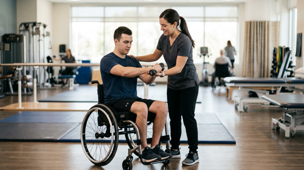 Un adulto joven en silla de ruedas en un gimnasio de rehabilitación de lesión medular con un fisioterapeuta