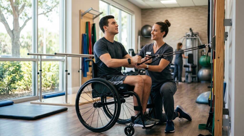 Un adulto joven en silla de ruedas en un gimnasio de rehabilitación de lesión medular con un fisioterapeuta