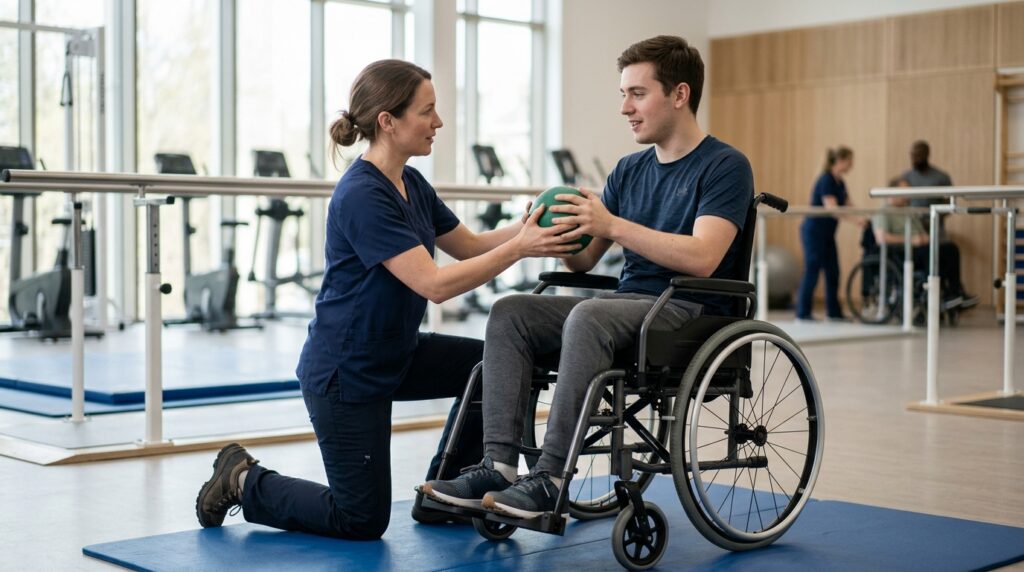 Un adulto joven en silla de ruedas en un gimnasio de rehabilitación de lesión medular con un fisioterapeuta