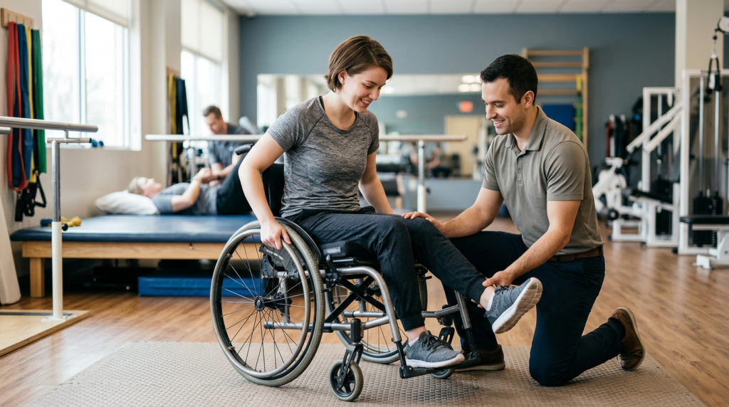 Young adult in a wheelchair working with a physical therapist in a spinal-cord-injury rehabilitation gym.