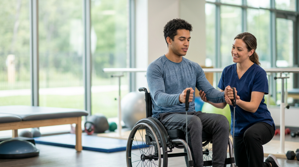 Un adulto joven en silla de ruedas en un gimnasio de rehabilitación de lesión medular con un fisioterapeuta