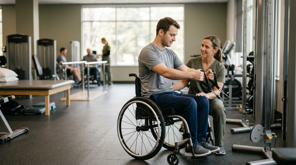 Young adult in a wheelchair working with a physical therapist in a spinal-cord-injury rehabilitation gym.