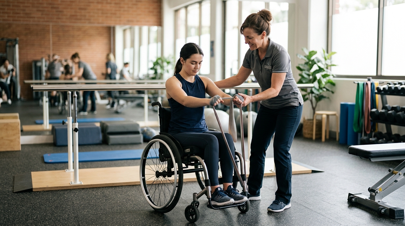 Young adult in a wheelchair working with a physical therapist in a spinal cord injury rehabilitation gym.