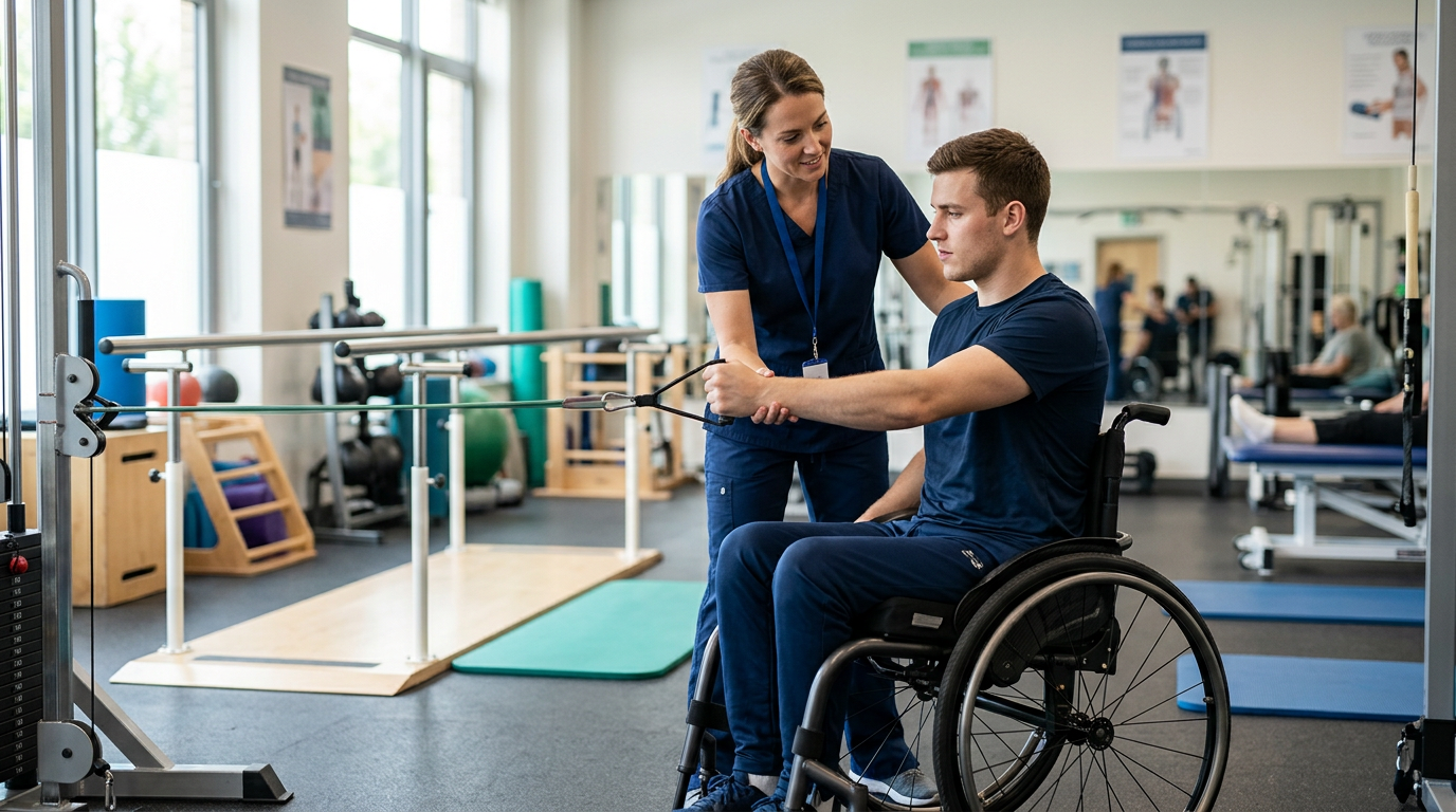 Young adult in a wheelchair working with a physical therapist in a spinal cord injury rehabilitation gym.