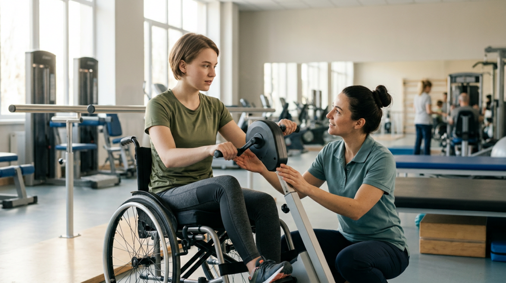 Un adulto joven en silla de ruedas en un gimnasio de rehabilitación de lesión medular con un fisioterapeuta