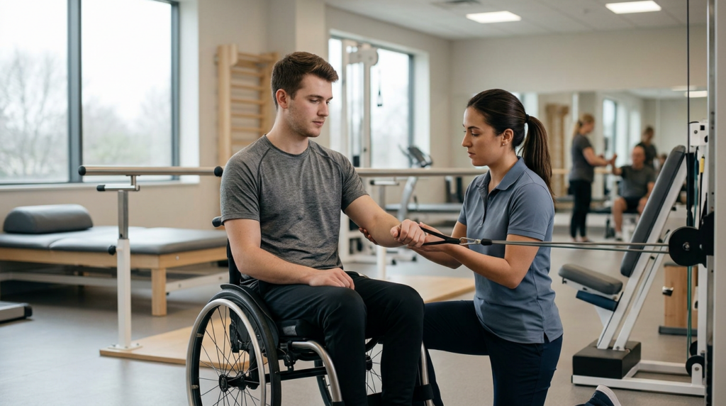 Young adult in a wheelchair working with a physical therapist in a rehabilitation gym.