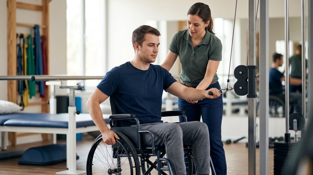Adulto joven en silla de ruedas en gimnasio de rehabilitación de lesión medular con fisioterapeuta