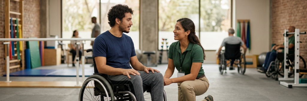Un adulto joven en silla de ruedas en un gimnasio de rehabilitación de lesión medular con un fisioterapeuta