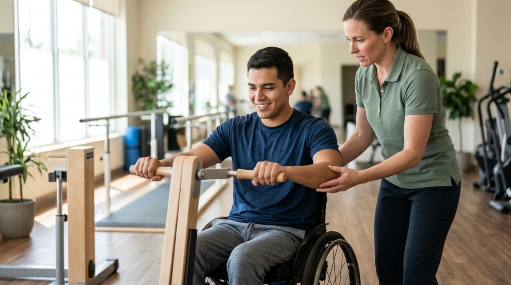Adulto joven en silla de ruedas en gimnasio de rehabilitación por lesión medular con fisioterapeuta