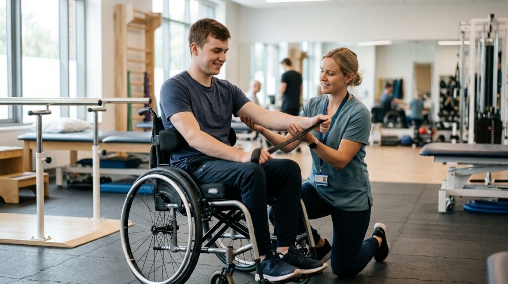 Young adult in a wheelchair working with a physical therapist in a spinal-cord-injury rehabilitation gym.