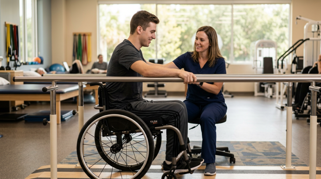 Young adult in a wheelchair working with a physical therapist in a spinal-cord-injury rehabilitation gym.