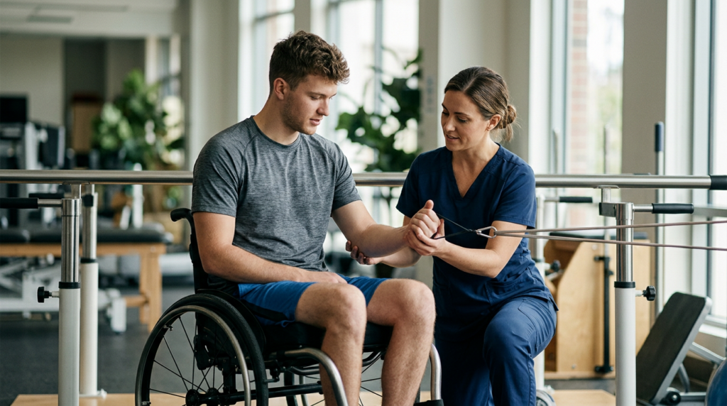 Young adult in a wheelchair working with a physical therapist in a spinal-cord-injury rehabilitation gym.