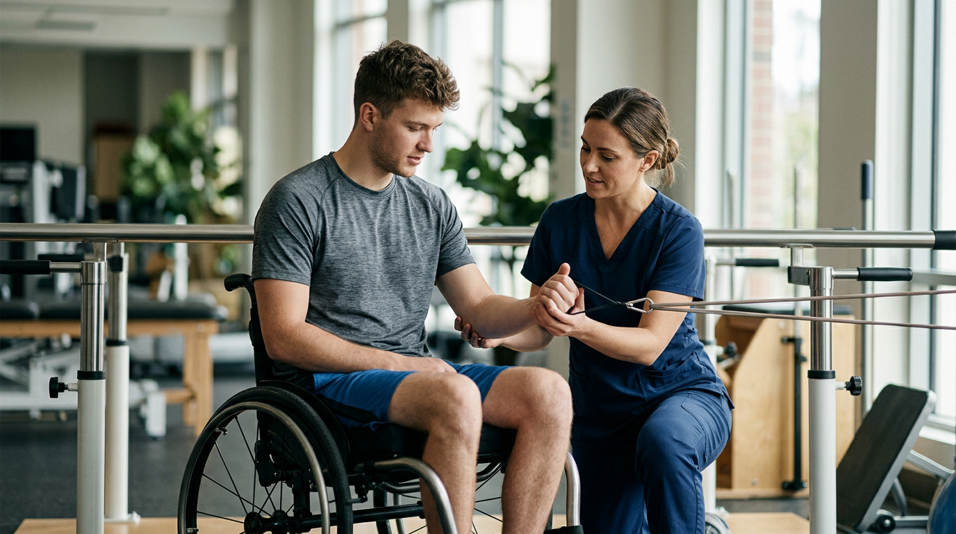 Young adult in a wheelchair working with a physical therapist in a spinal-cord-injury rehabilitation gym.