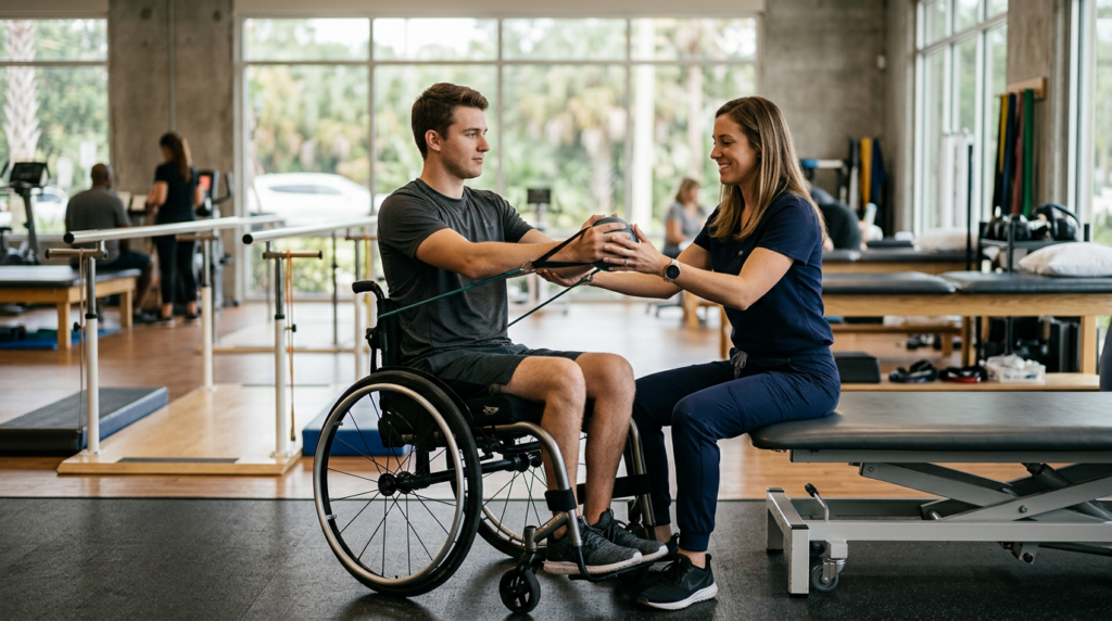 Un adulto joven en silla de ruedas en un gimnasio de rehabilitación de lesión medular con un fisioterapeuta
