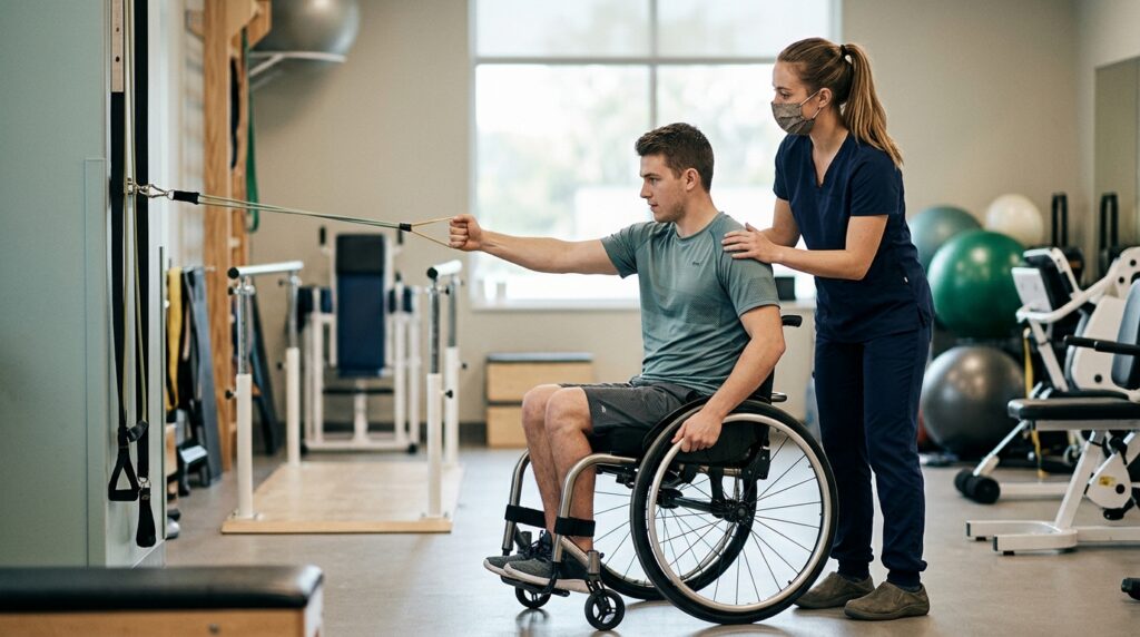 Un adulto joven en silla de ruedas en un gimnasio de rehabilitación de lesión medular con un fisioterapeuta