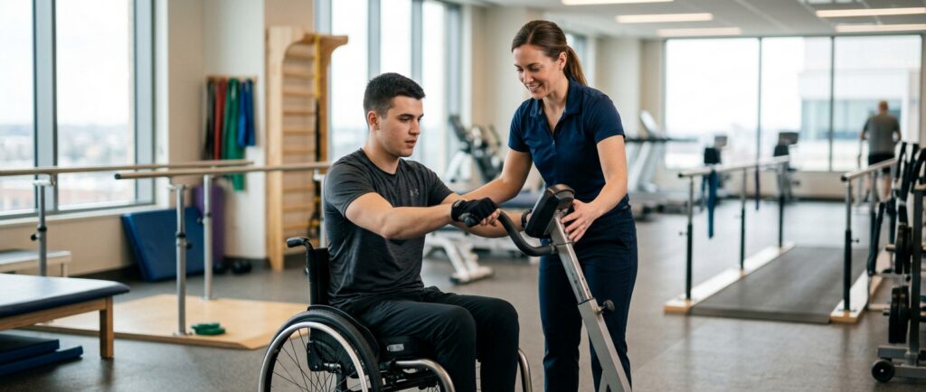 Un adulto joven en silla de ruedas en un gimnasio de rehabilitación de lesión medular con un fisioterapeuta