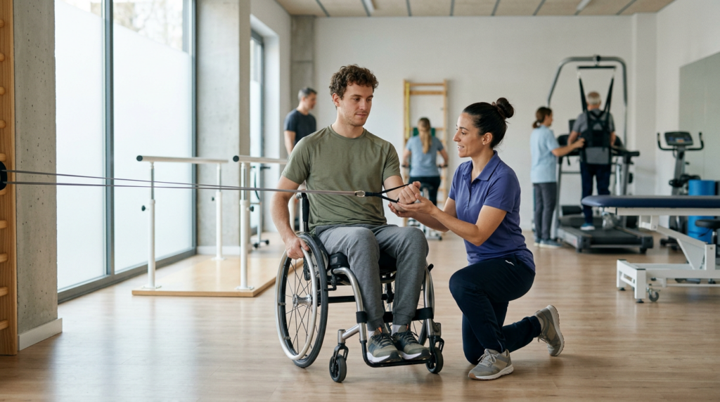 Un adulto joven en silla de ruedas en un gimnasio de rehabilitación de lesión medular con un fisioterapeuta