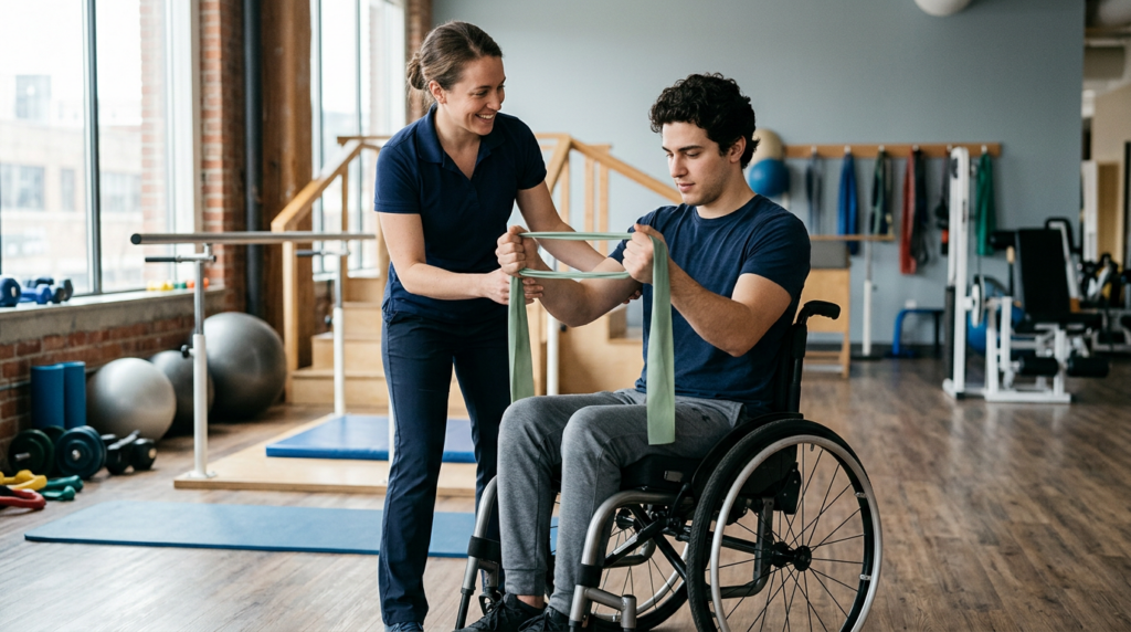 Un adulto joven en silla de ruedas en un gimnasio de rehabilitación de lesión medular con un fisioterapeuta