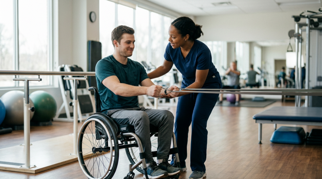Young adult in a wheelchair working with a physical therapist in a spinal-cord-injury rehabilitation gym.