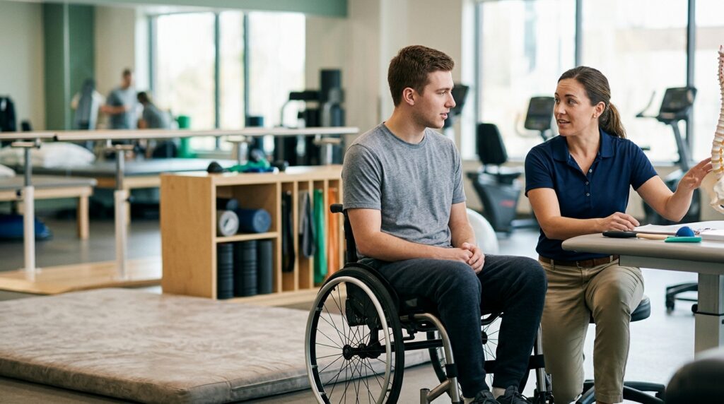 Young adult in a wheelchair working with a physical therapist in a spinal-cord-injury rehabilitation gym.