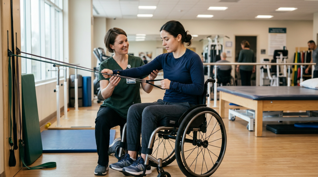 Young adult in a wheelchair working with a physical therapist in a spinal-cord-injury rehabilitation gym.