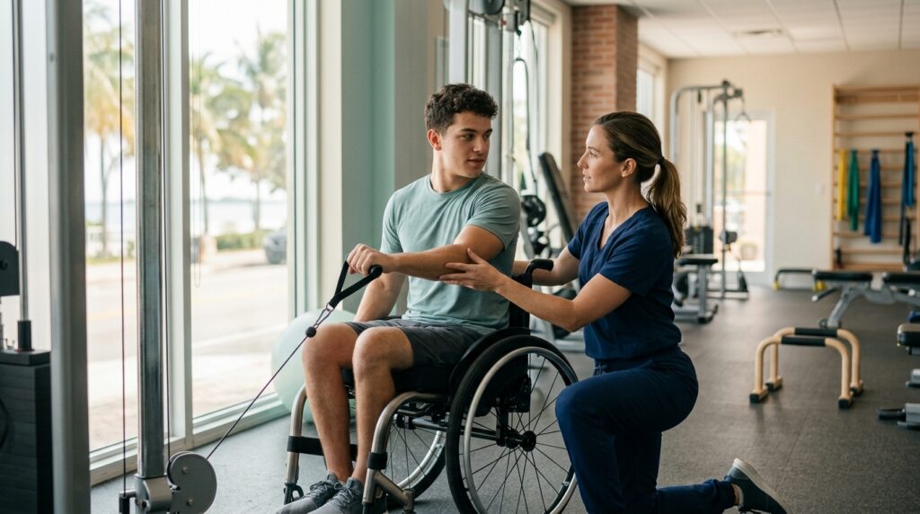 Adulto joven en silla de ruedas en un gimnasio de rehabilitación de lesión medular con un fisioterapeuta.