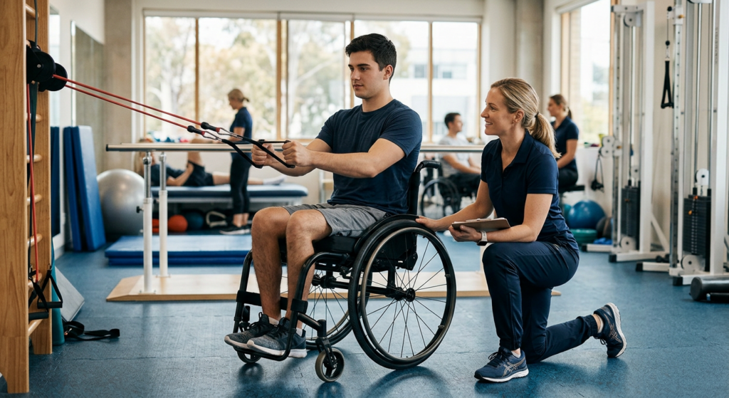 Un adulto joven en silla de ruedas en un gimnasio de rehabilitación de lesión medular con un fisioterapeuta
