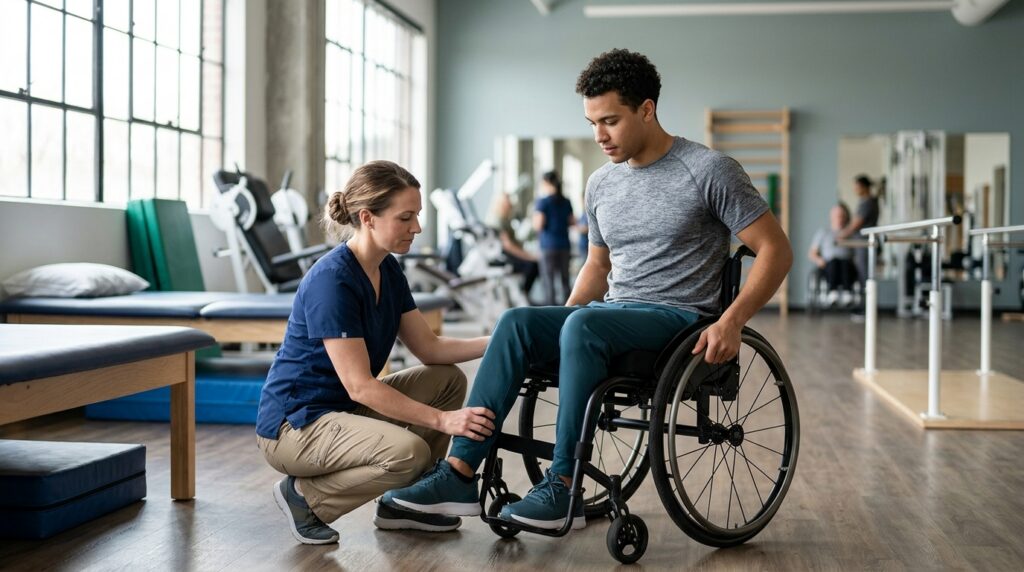 a young adult in a wheelchair in a spinal-cord-injury rehabilitation gym with a physical therapist