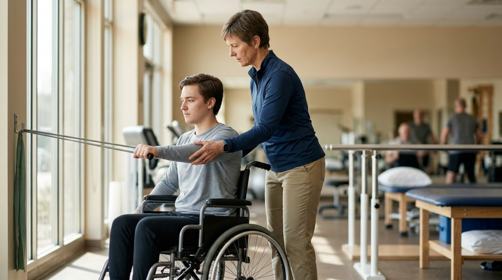Young adult in a wheelchair working with a physical therapist in a spinal-cord-injury rehabilitation gym.