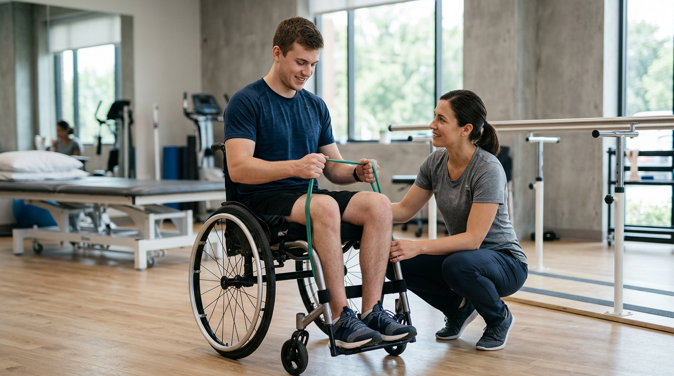 Young adult in a wheelchair working with a physical therapist in a spinal cord injury rehabilitation gym.