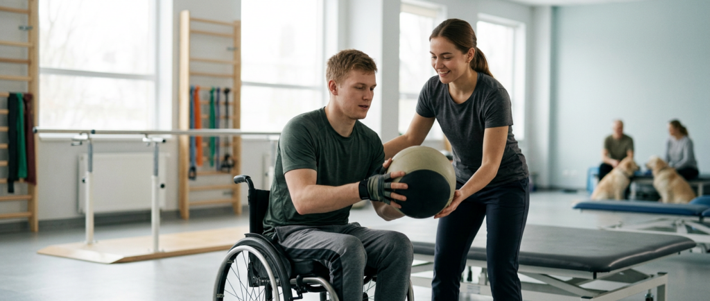 Young adult in a wheelchair working with a physical therapist in a spinal-cord-injury rehabilitation gym.