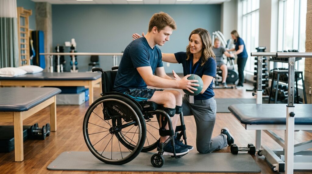 a young adult in a wheelchair in a spinal-cord-injury rehabilitation gym with a physical therapist