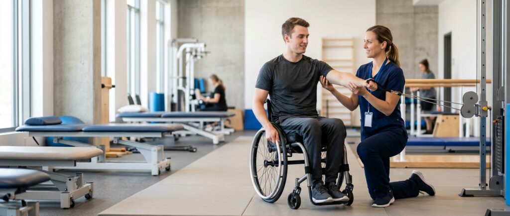 Un adulto joven en silla de ruedas en un gimnasio de rehabilitación de lesión medular con un fisioterapeuta