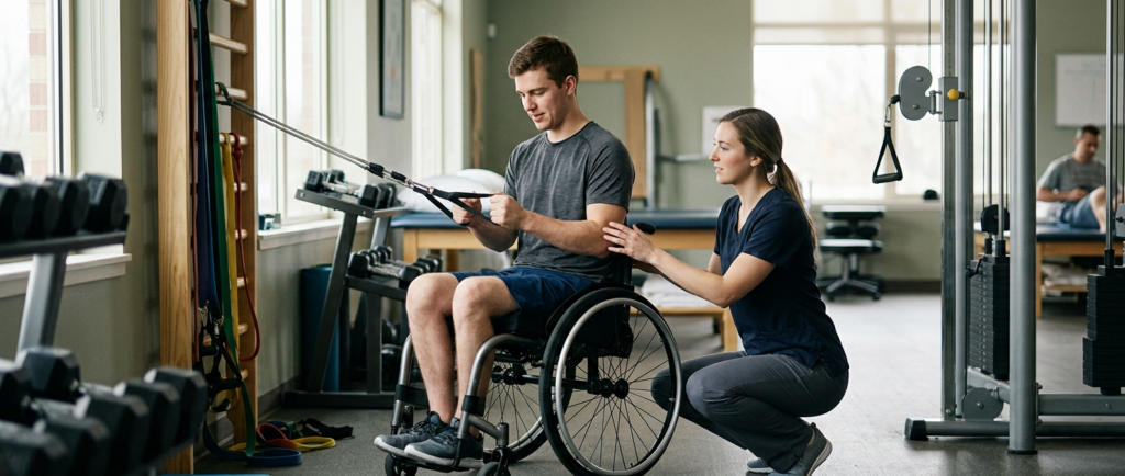 Young adult in a wheelchair working with a physical therapist in a spinal-cord-injury rehabilitation gym.