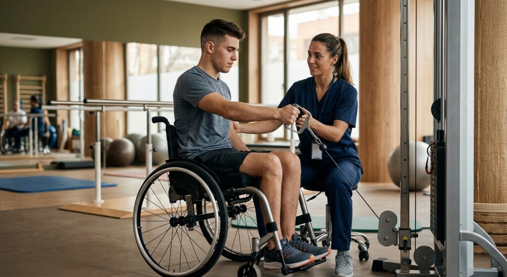 Un adulto joven en silla de ruedas en un gimnasio de rehabilitación de lesión medular con un fisioterapeuta